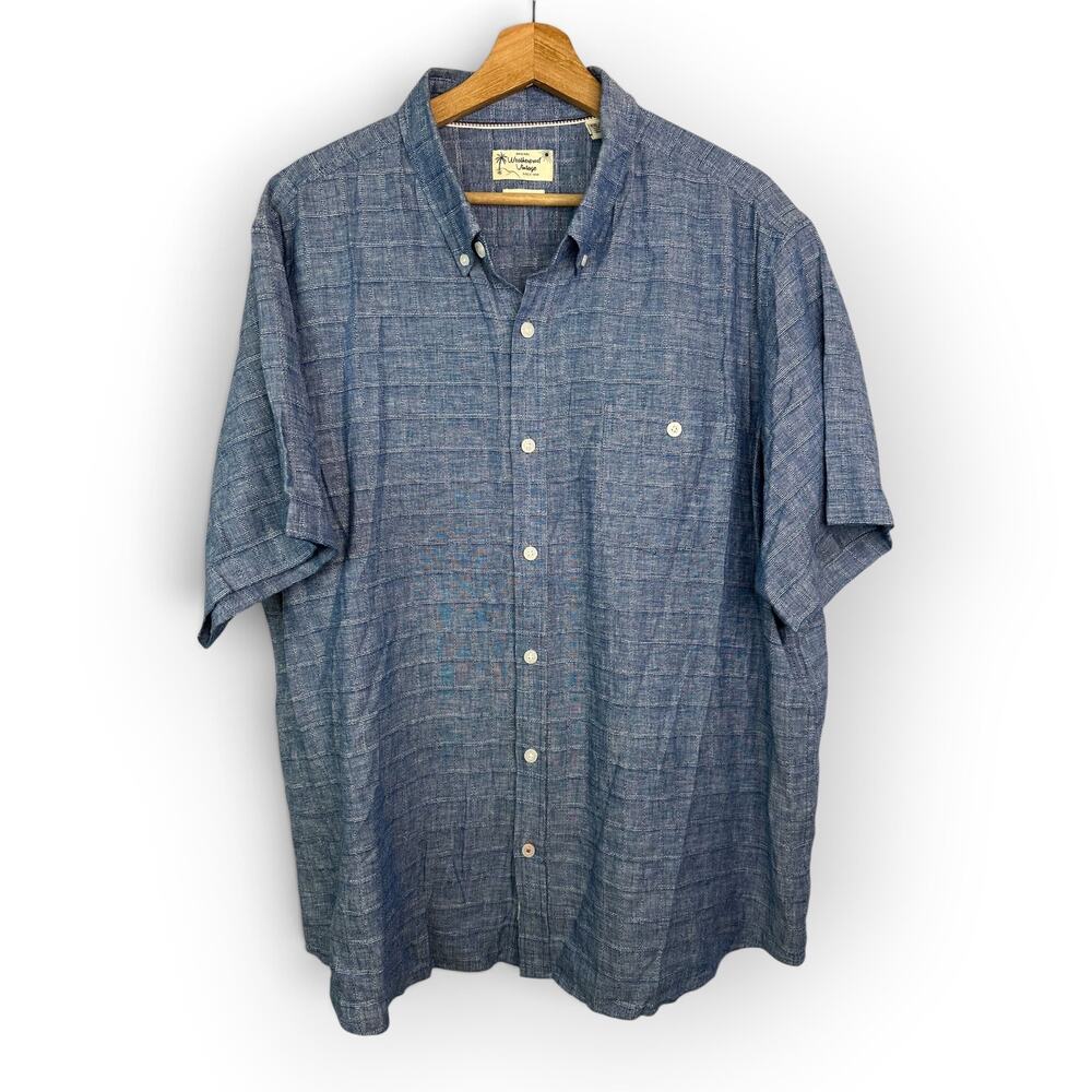 Weatherproof Vintage Men XXL Blue Linen Blend Short Sleeve Button Down Shirt